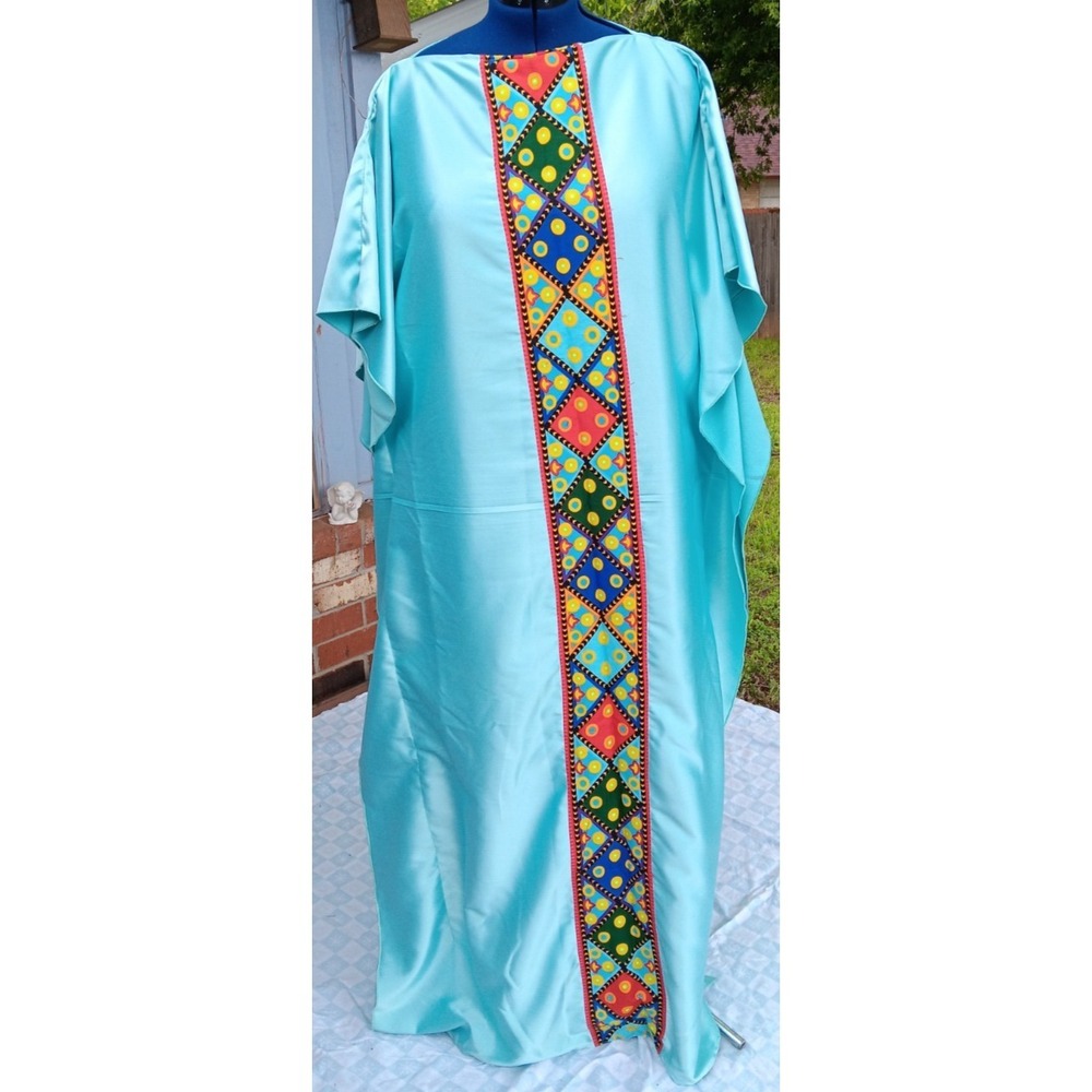 Turquoise Caftan Maxi Polyester Blend Ankara trim African Bubu dress‎ Kaftan 2XL